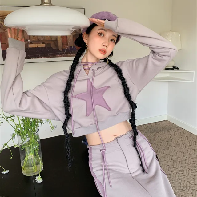 Retro Niche Five pointed Star Hooded Short Purple Sweater Women Grey Sweater - Shop at LoveMi