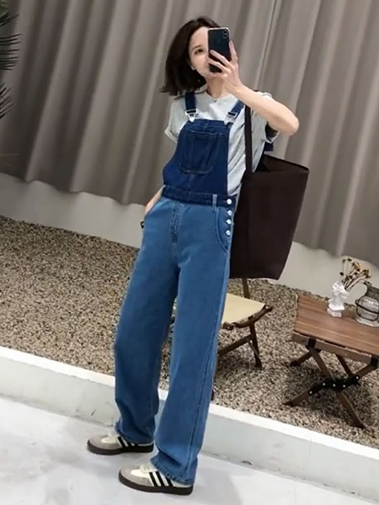 Vintage High Waist Denim Strap Pants Female
