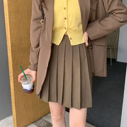 All match Pleated High Waist A line Skirt Coffee - Shop at LoveMi