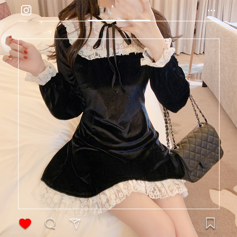 Fashion Simple Women's Velvet Lace Stitching Dress