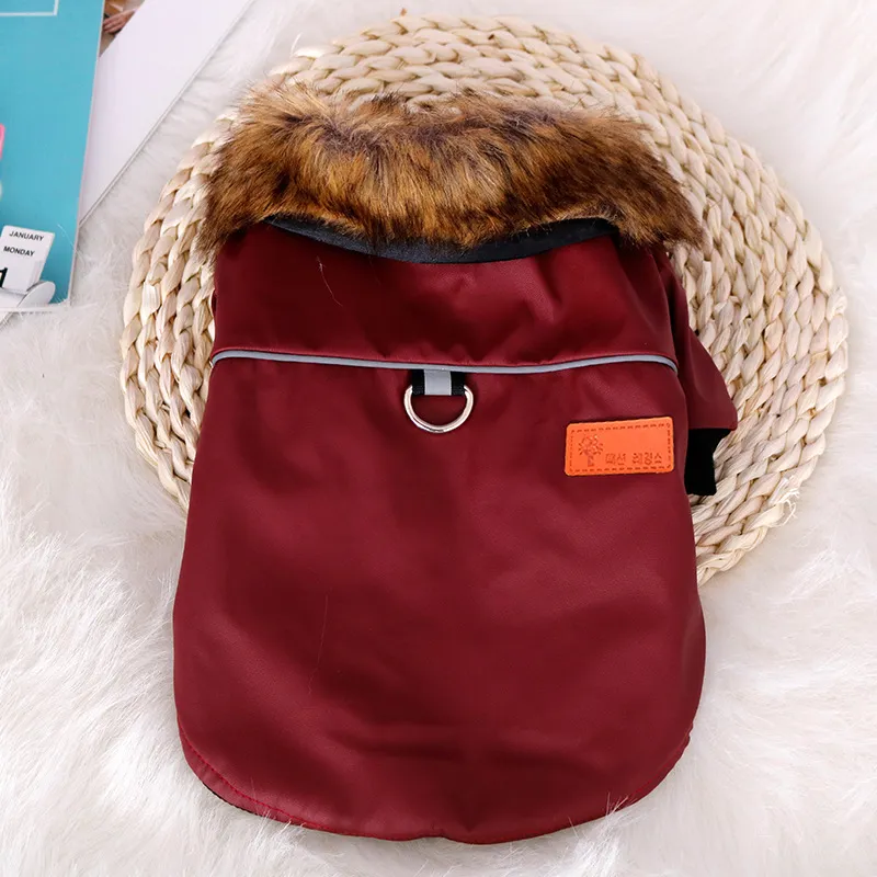 Reflective And Warm Pet Fur Coat With Fur Collar - Red