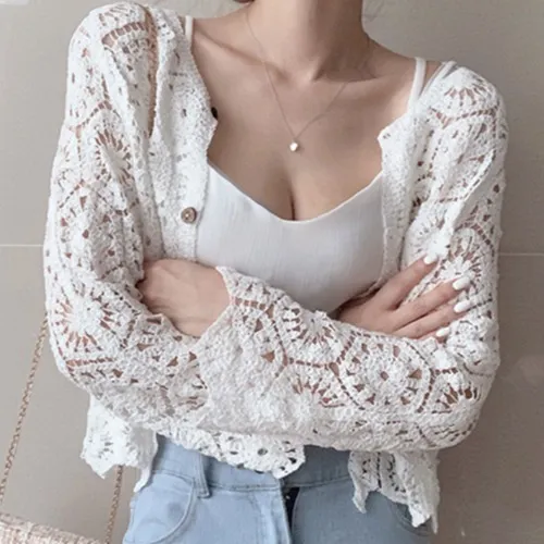 Crochet Lace Shirt Loose Sun Protection Long Sleeves White - Shop at LoveMi