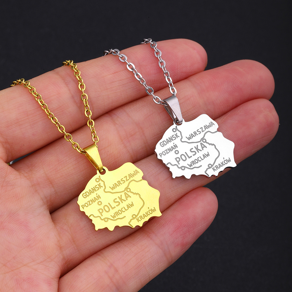Titanium Steel Glossy Poland Map Pendant Necklace Fashion