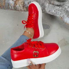 Lace-up Flats Shoes With Metal Buckle Design Lightweight Round Toe Platform Loafers Casual Shoes For Women - Red - View 1