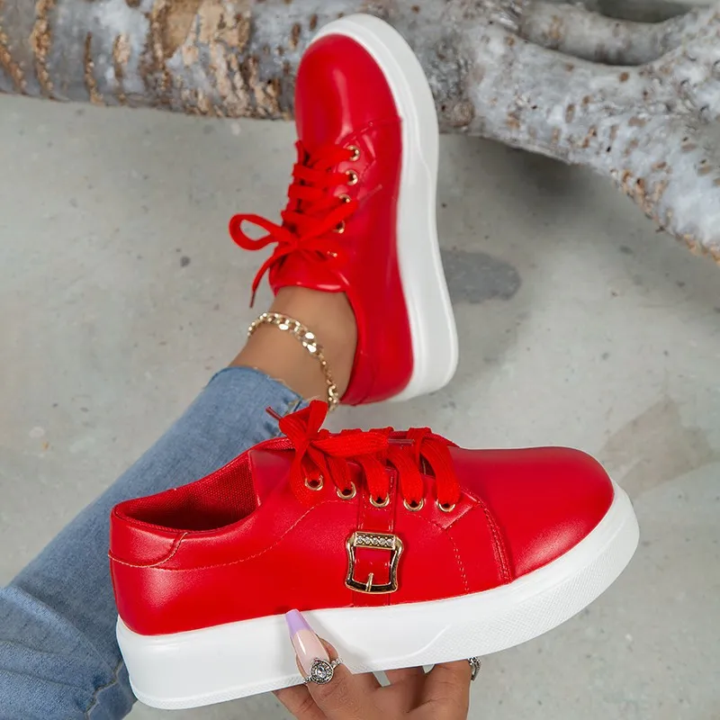 Lace-up Flats Shoes With Metal Buckle Design Lightweight Round Toe Platform Loafers Casual Shoes For Women - Red