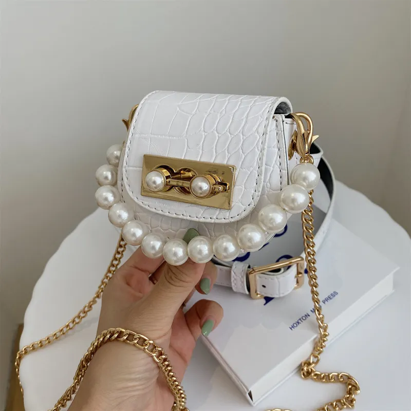 Pearl Chain Ladies Mini Crossbody Belt Bag - White