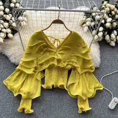 Niche Design Long Sleeve Shirt With Ruffled Edge Tucked In Waist Autumn Top - Yellow - View 1