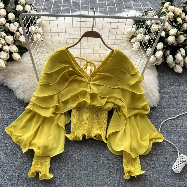 Niche Design Long Sleeve Shirt With Ruffled Edge Tucked In Waist Autumn Top Yellow - Shop at LoveMi