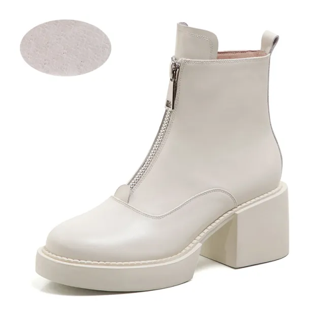 Women's Leather Platform Thick Heel Ankle Boots Beige - Shop at LoveMi