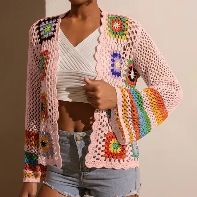 Women's Elegant Crochet Cardigan Long Sleeve Open Front Vibrant Color Block Coat Pink - Shop at LoveMi