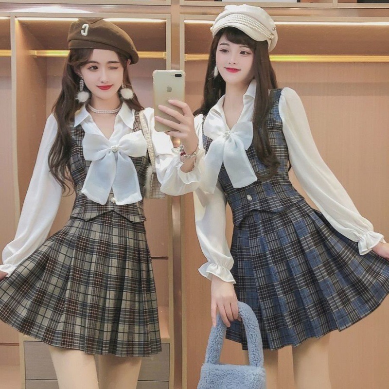 Blouse Panel Plaid Top Pleated Skirt Two Piece Set - Image 1