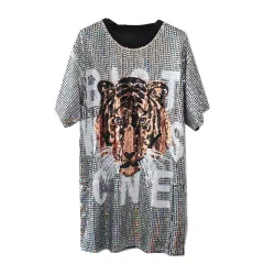 Women's Large Size Mid-length Sequined T-shirt Short Sleeve Loose - Silver - View 1