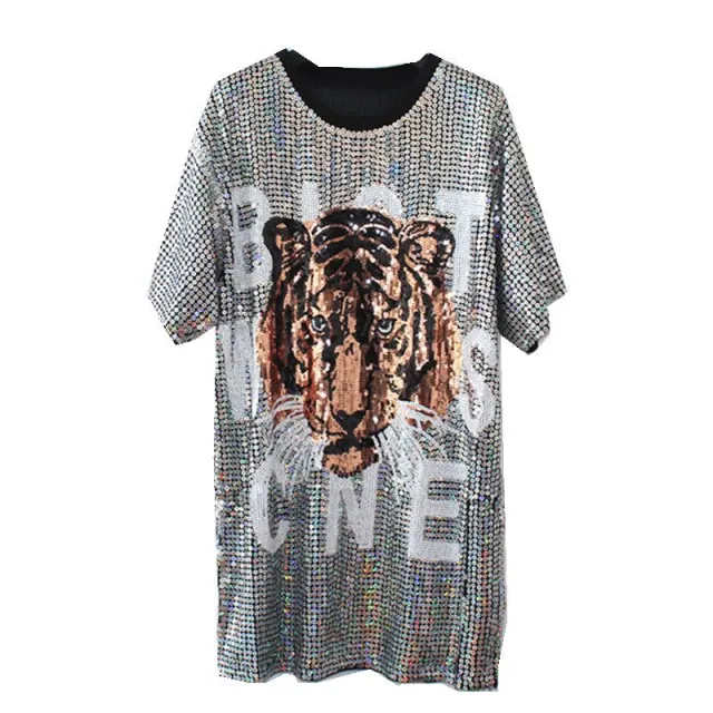 Women's Large Size Mid length Sequined T shirt Short Sleeve Loose Silver - Shop at LoveMi
