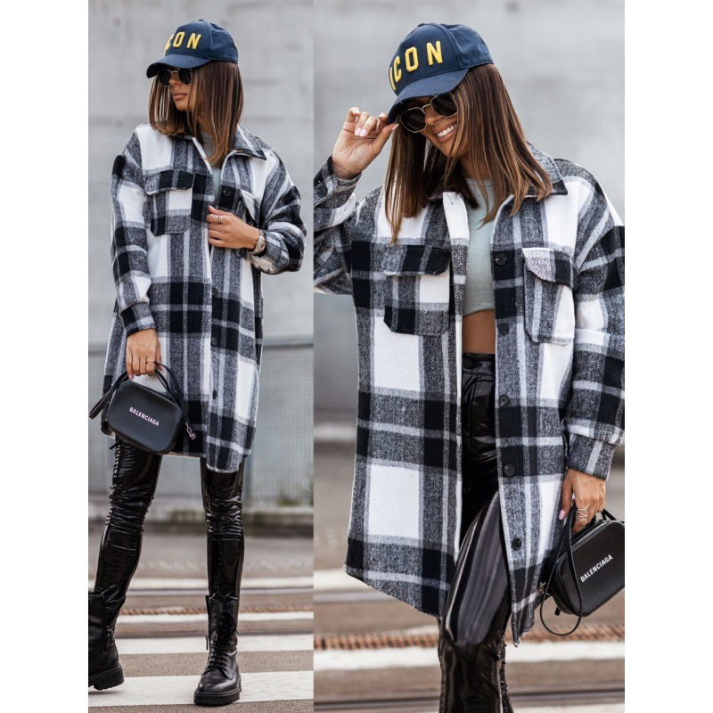 Fashionable Medium Long Plaid Woolen Printed Coat For Women