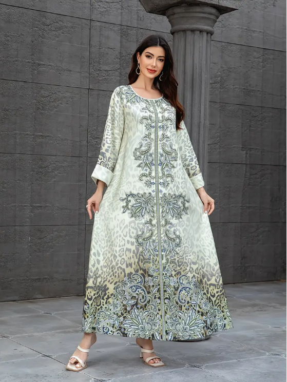 Elegant Floral Print Long Sleeve Abaya Dress
