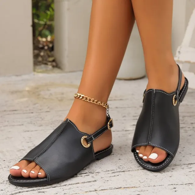 Fashion Solid Peep toe Sandals With Back srtap Summer Casual Outdoor Buckle Flats Beach Shoes For Women Black - Shop at LoveMi