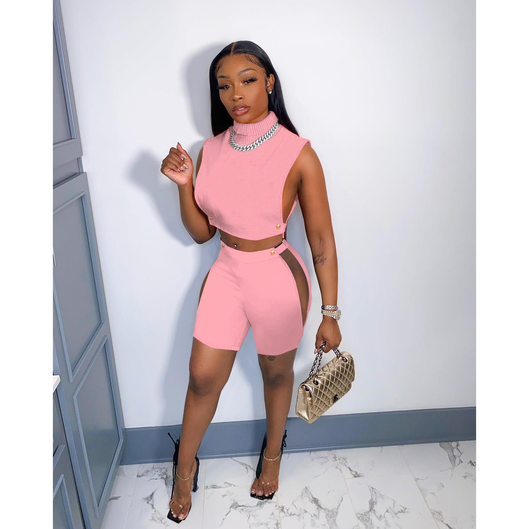 Women's Summer Turtleneck Sleeveless Solid Color Casual Two-piece Suit