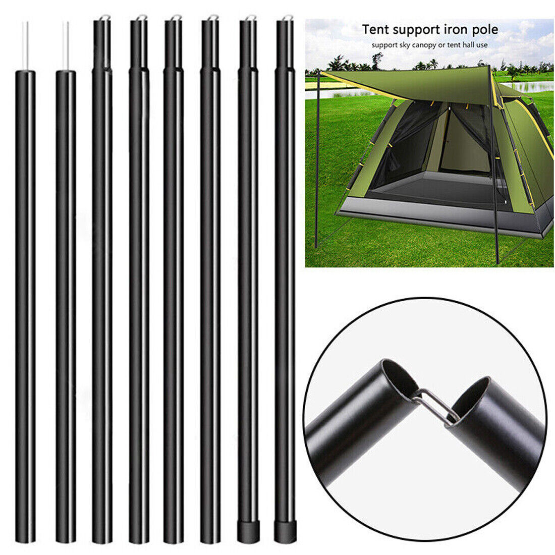 2x200cm Tent Poles Universal Telescopic Adjustable Steel Awning Canopy Tarp Pole 13