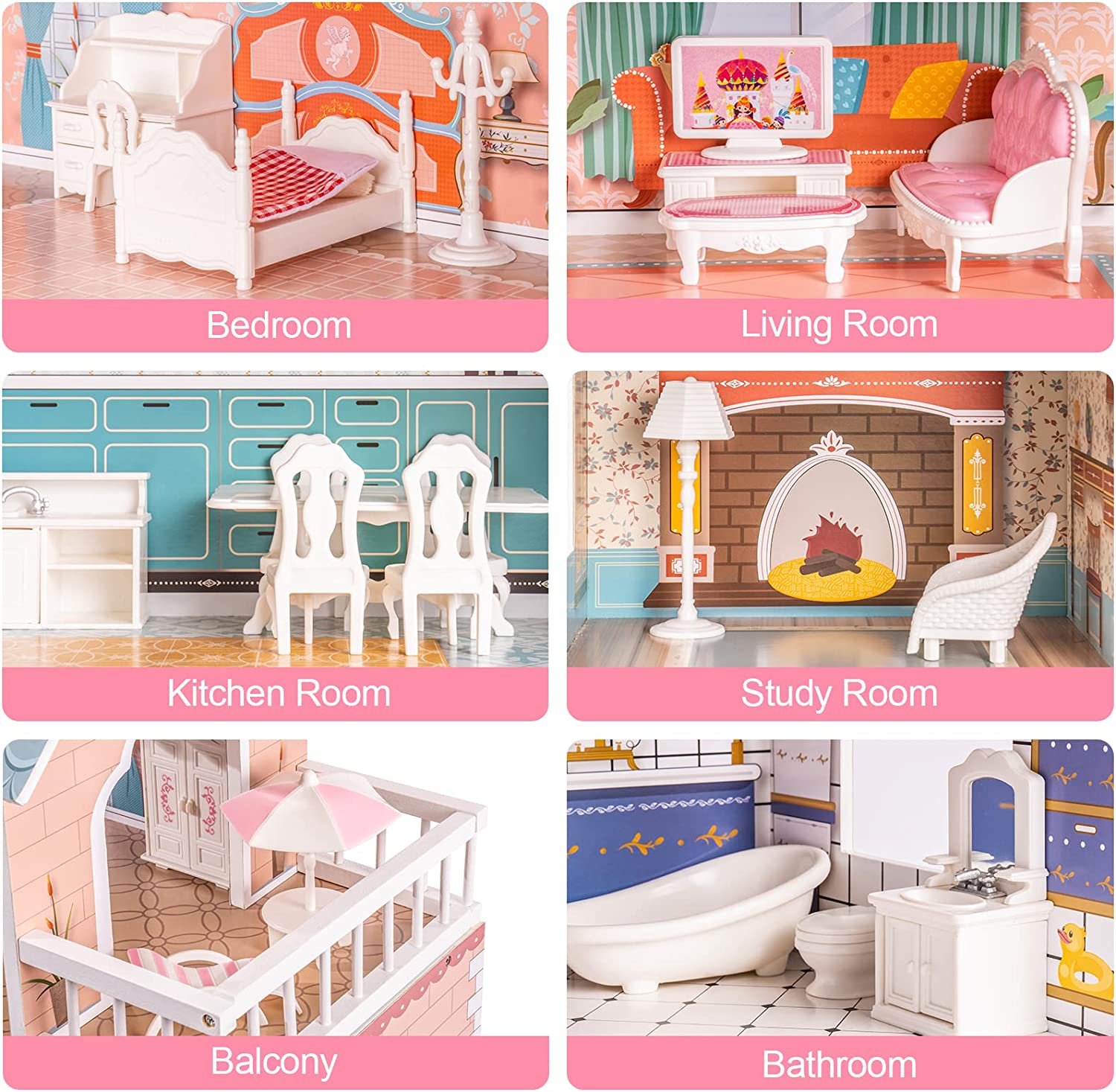 Wooden Dollhouse For Kids Girls Toy Gift. Features: Dreamhouse Dollhouse with Furniture & Accessories Features, Girl's dream dollhouse-Realistic Design and fun game experience, The interior is very colorful and illustrated with much detail, Sturdy and dur