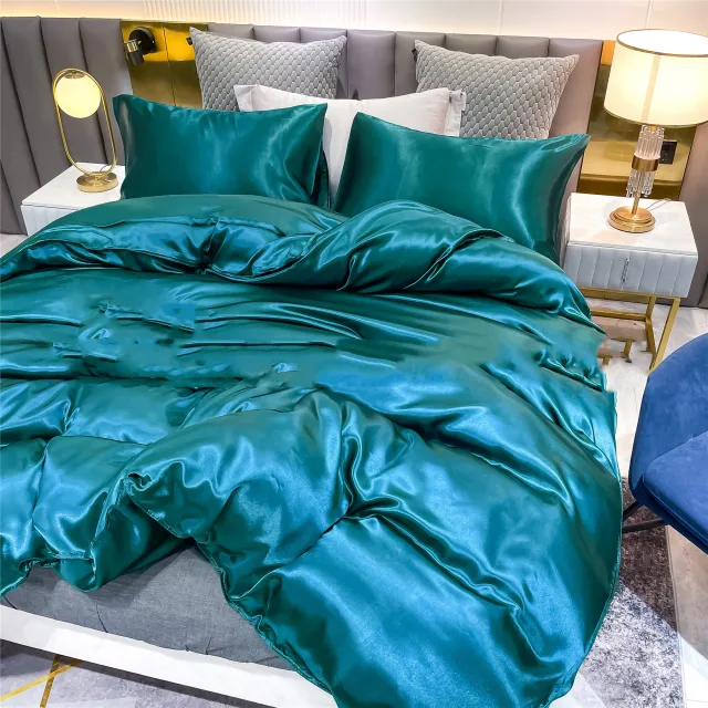 Satin Home Textile Quilt Cover Pillowcase Three piece Set Blue - Shop at LoveMi