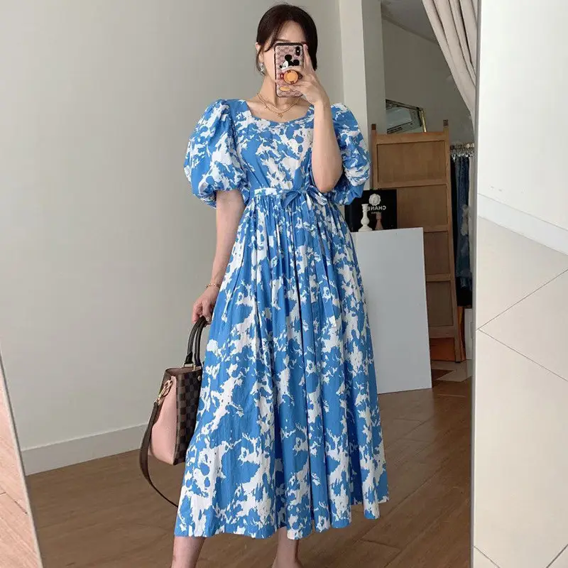 Mid-length Commuter Print Pullover Blue High-waisted Puff Sleeve Dress