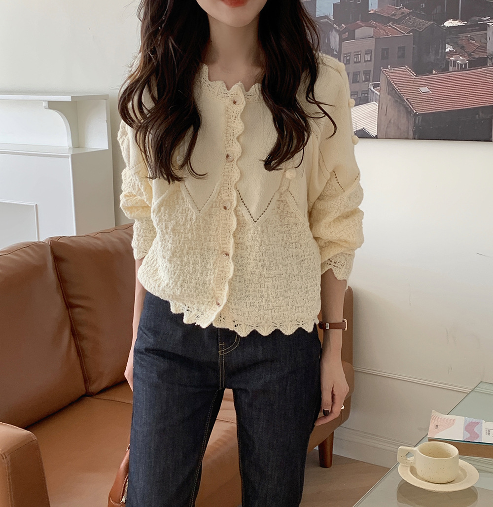 Heavy Industry Crocheted Vintage Cute Age-reducing Handmade Fur Ball Fluted Collar Cardigan Warm Coat Sweater