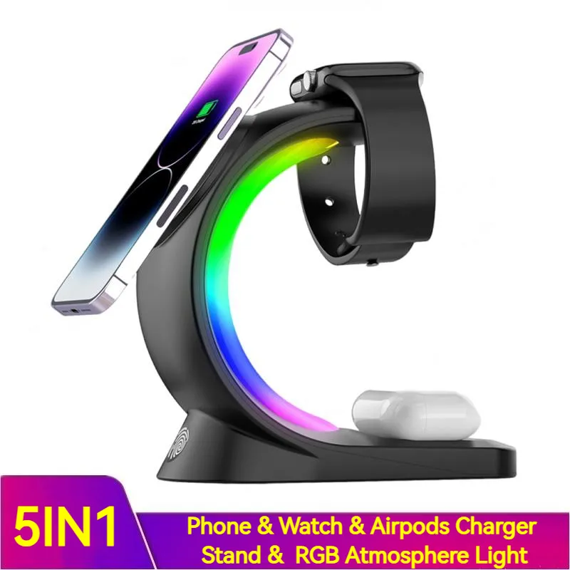 4 In 1 Magnetic Wireless Charger Fast Charging For Smart Phone Atmosphere Light Charging Station For Airpods Pro I-phone Watch – image 2