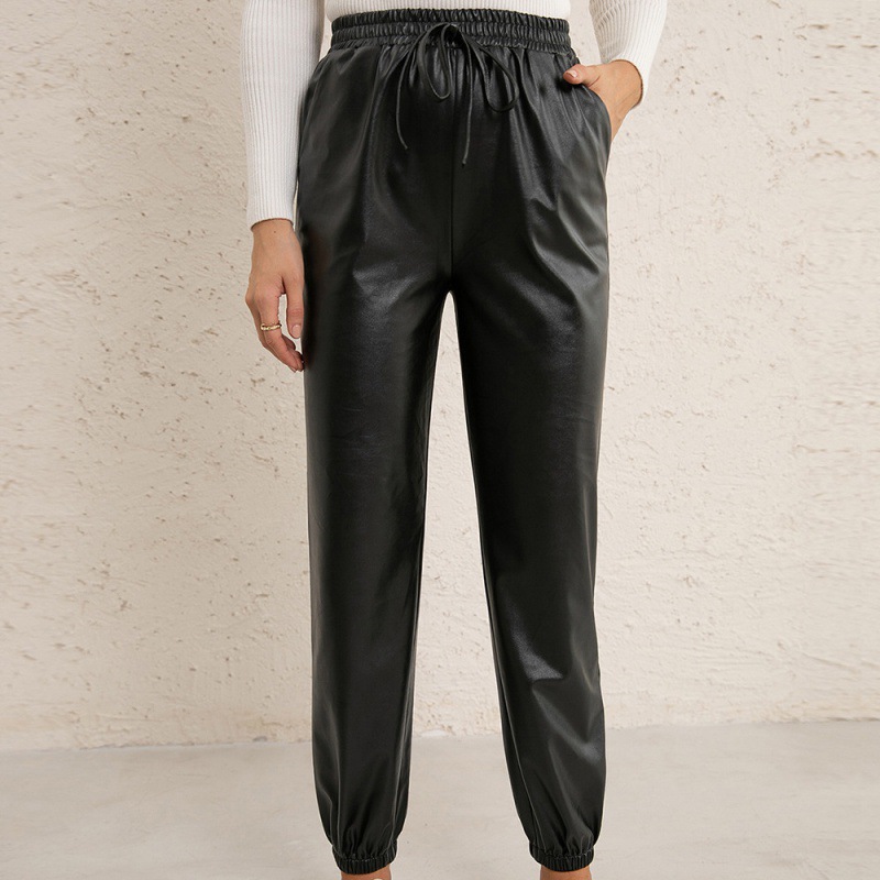 Motorcycle Leather Versatile Elastic Waist PU Leather Leather Pants Women