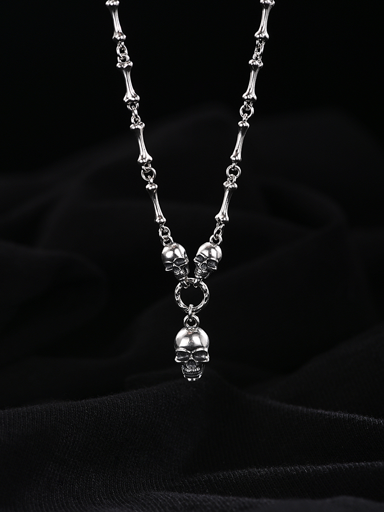 Hip Hop 925 Silver Skull Pendant Necklace Male