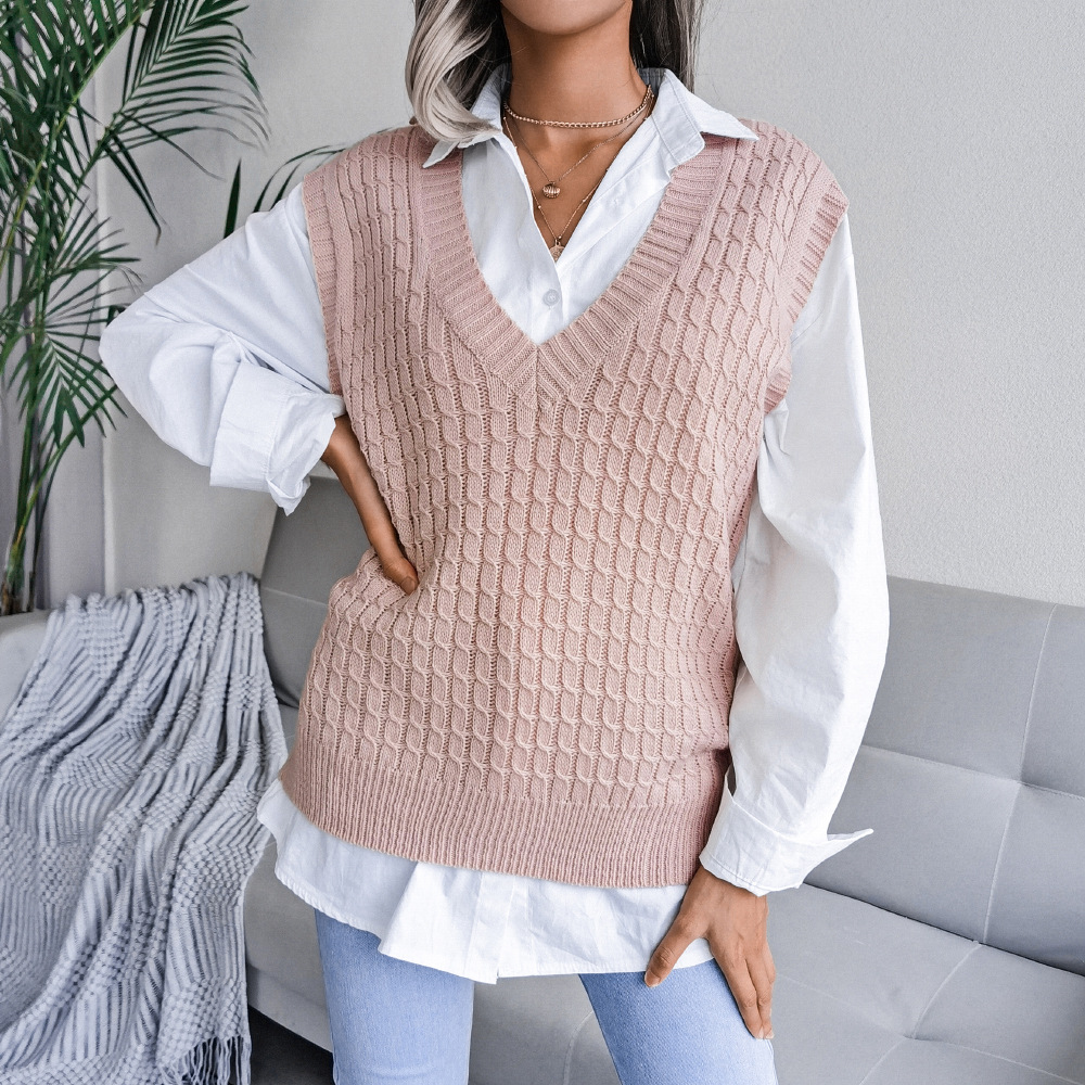 Title 5, V-neck Twist Casual Loose Knit Sweater Vest