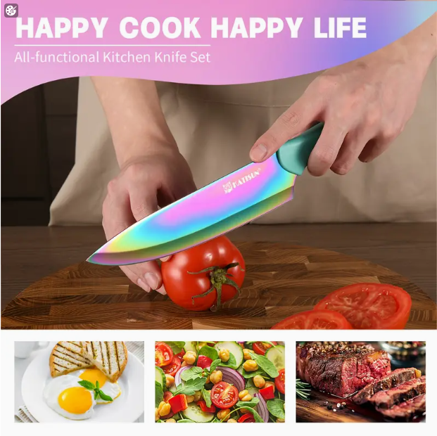 14-Piece Rainbow Colored High Carbon Stainless Steel Kitchen Knife Set, Titanium Coated Blade, Rust-Free & Super Sharp, Flatware Set With Wooden Stand & Kitchen Scissors, For Family & Restaurateurs 7