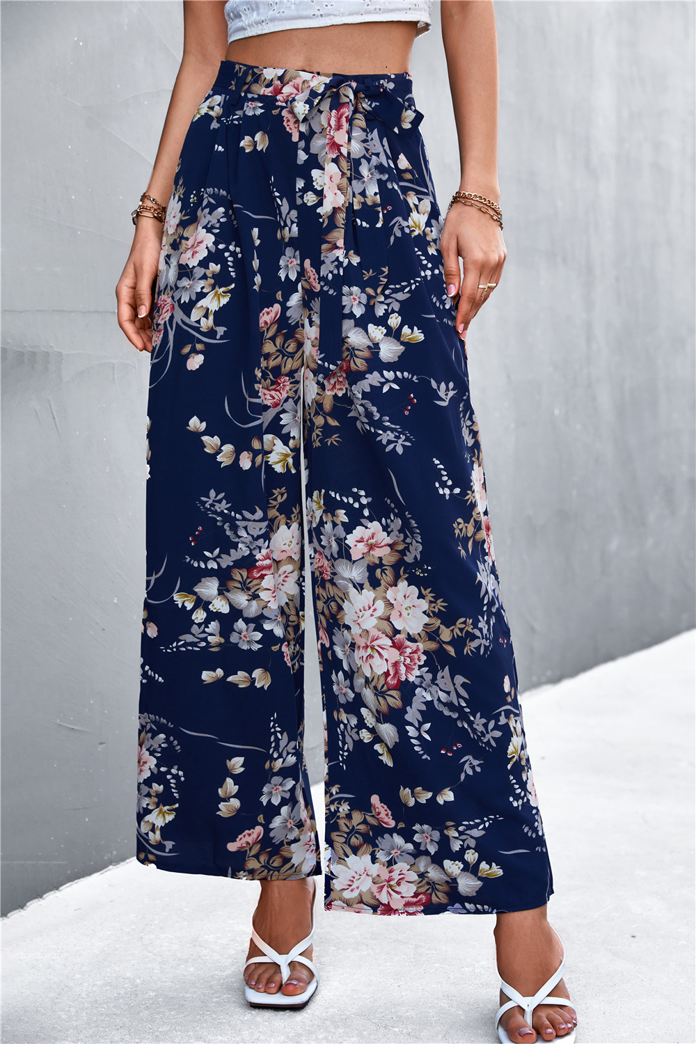 Printed Tie Casual Wide Leg Trousers Navy - Shop at LoveMi