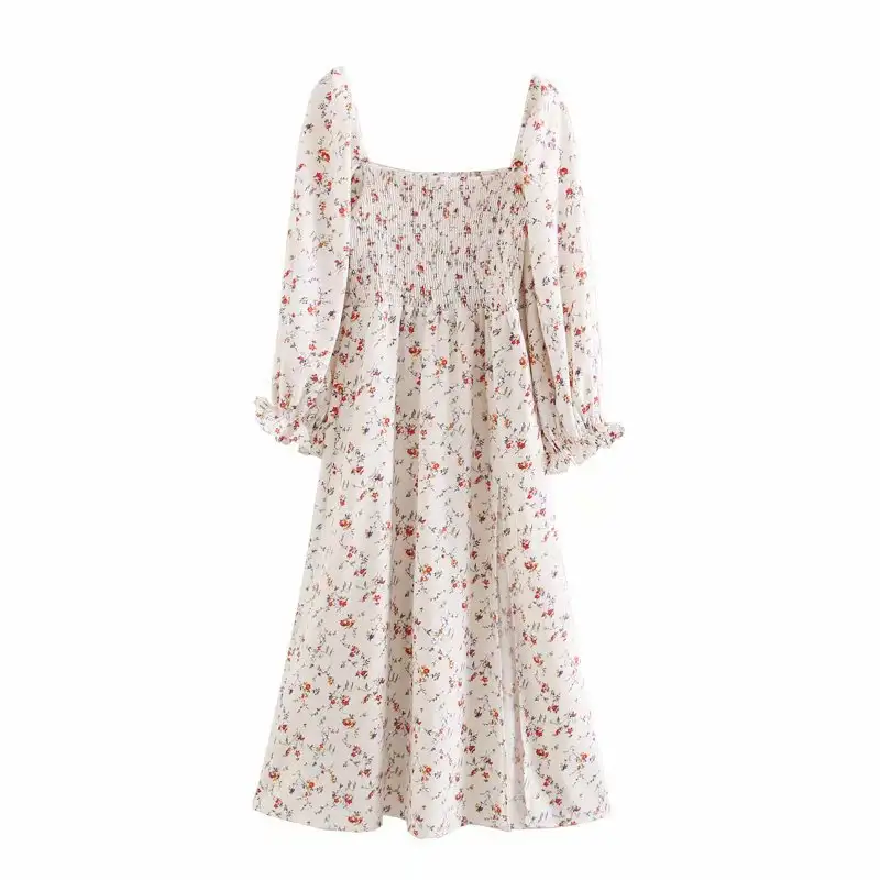 Retro Wild Square Collar Floral Chiffon Ruffle Dress