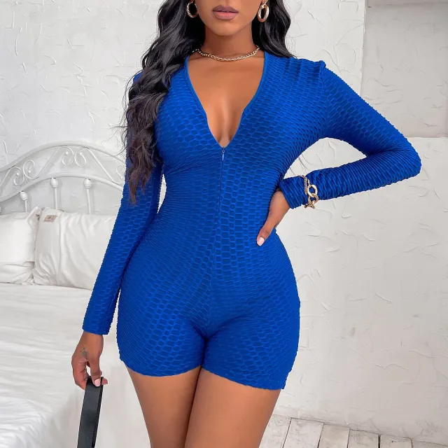Fashion Tight Solid Color Long Sleeve Casual Jumpsuit Royal Blue - Shop at LoveMi