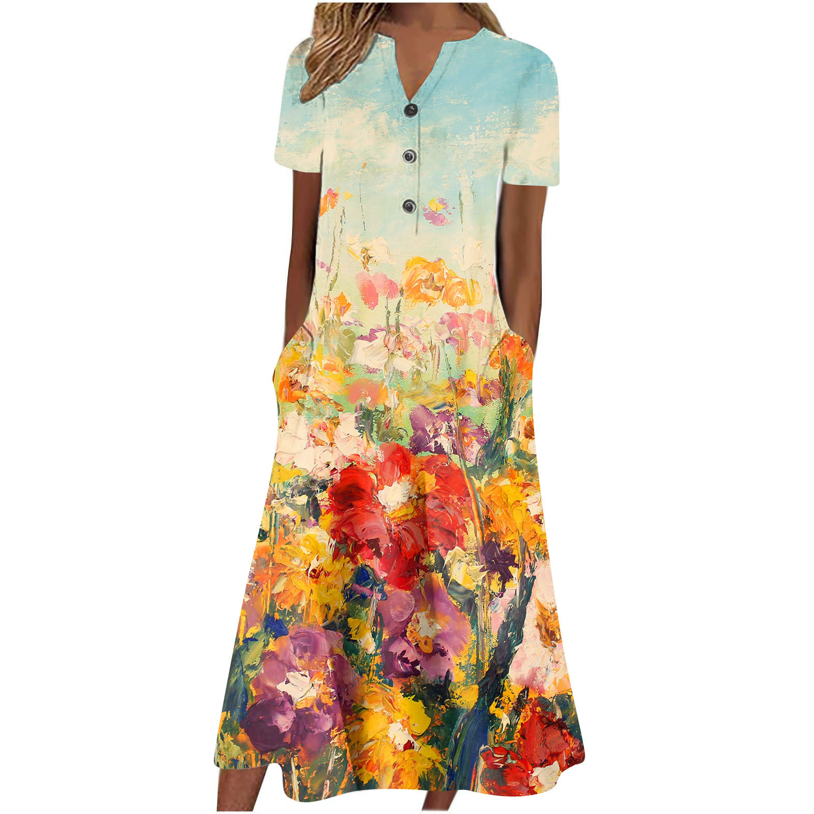 Damen Sommer Freizeit Kurzarm Lange Midi Uni Kleider mit Taschen - Bild 10 von 13