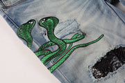 Pleated Color Matching Jeans Blue Embroidered Ripped Snakeskin Slim Fit Skinny Men