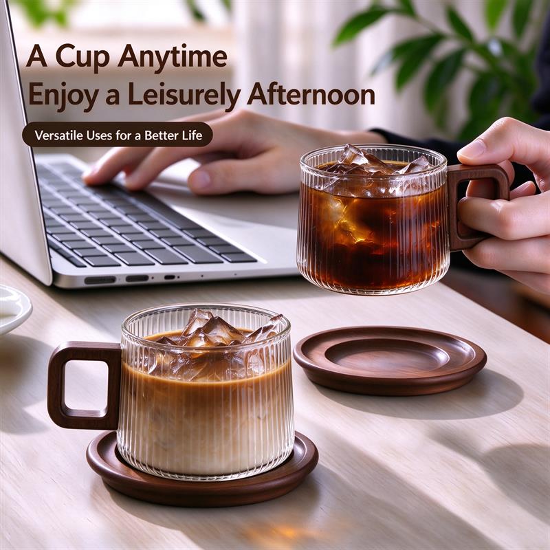 300ml Clear Textured Glass Coffee Mug With Square Handle