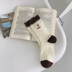 Embroidered Socks For Children With Double Stitches - Coffee Embroidered Bear - View 1