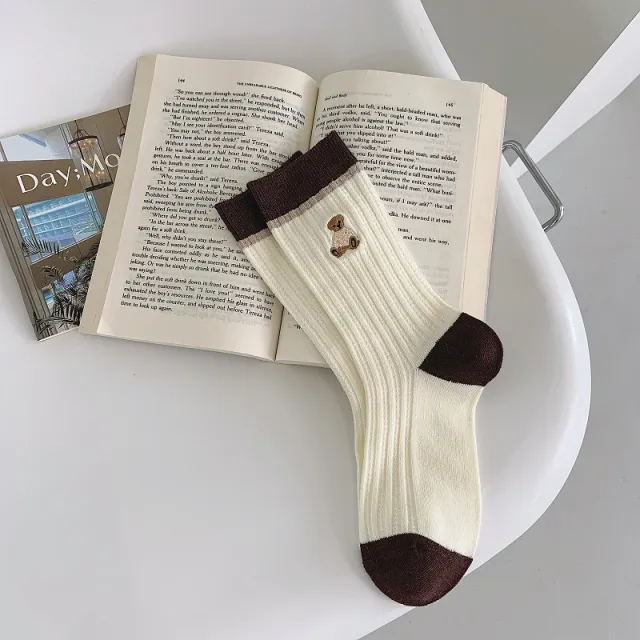 Embroidered Socks For Children With Double Stitches Coffee Embroidered Bear - Shop at LoveMi