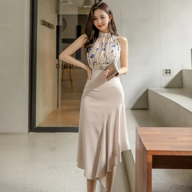 Sleeveless Print Top High Waist Slit Skirt Two Piece Women's Apricot - Shop at LoveMi