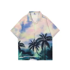 Coconut Landscape Full Print Short Sleeve Shirt Half Sleeve - Purple - View 1