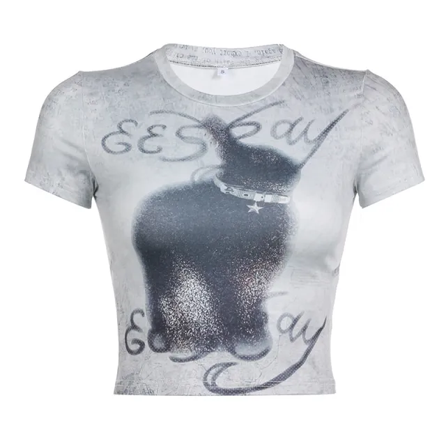 INS New Women's Casual Fashion Printing Round Neck Short Top Grey - Shop at LoveMi