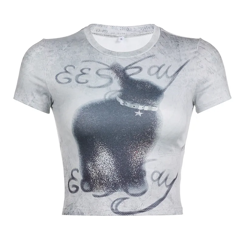 INS New Women's Casual Fashion Printing Round Neck Short Top - Grey