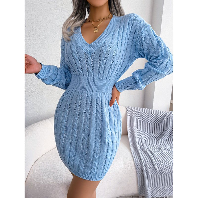 Women's Fall Winter V Neck Bodycon Mini Sweater Dress Long Sleeve Pullover Knit Dress Casual & Sexy Tight Fit Blue - Shop at LoveMi