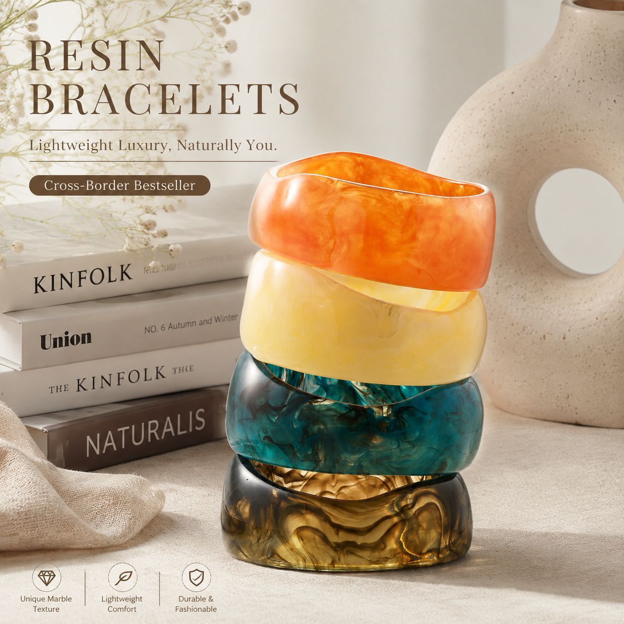 Women European American Retro Chunky Wide Resin Bangle Niche Irregular Statement Medieval Style Wrist Bracelet