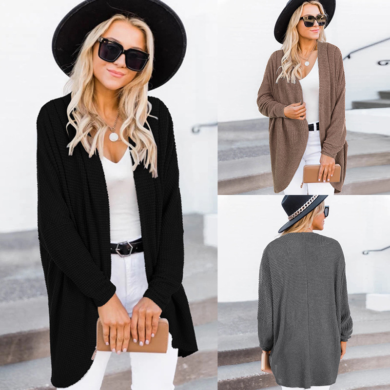 Women's Solid Color Cardigan Mid-length Long-sleeved Sweater Coat