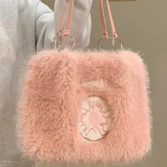 Donut Embroidery Plush Tote Bag - Pink - View 1