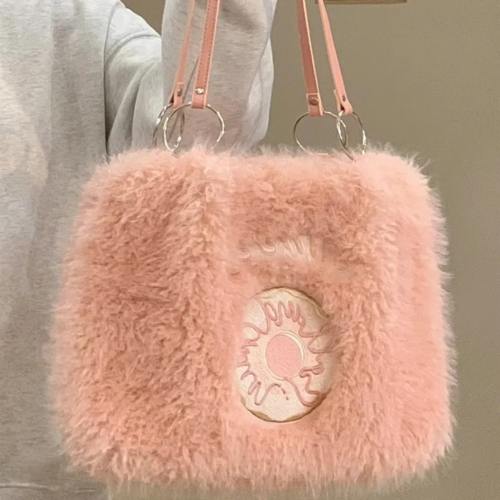 Donut Embroidery Plush Tote Bag - Pink