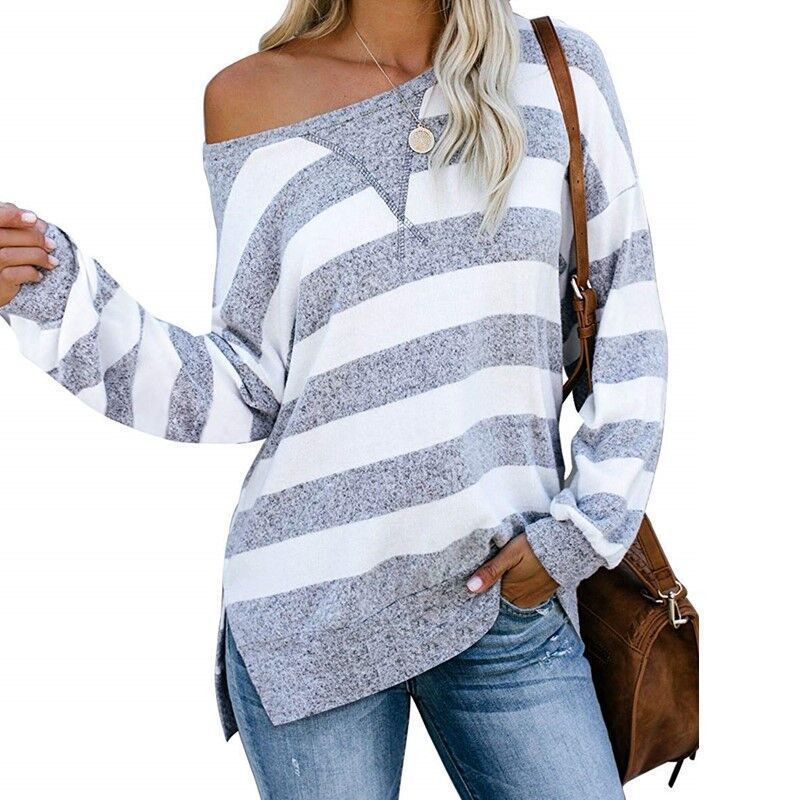 Title 2, Casual Loose Colorblock Striped Long Sleeve Wom...