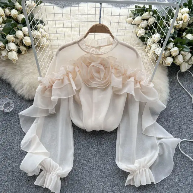 Irregular Ruffled Mesh Blouse Women's Pullover Pleated Slim Top Apricot - Shop at LoveMi
